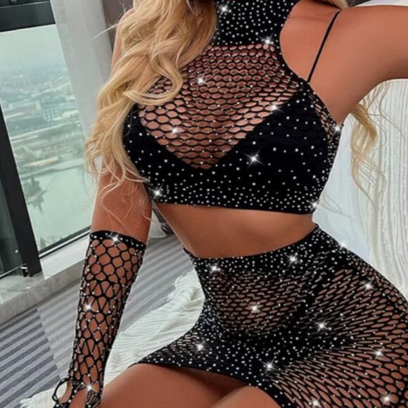 4 piece Fishnet skirt top & gloves set NEW - Picture 12 of 15